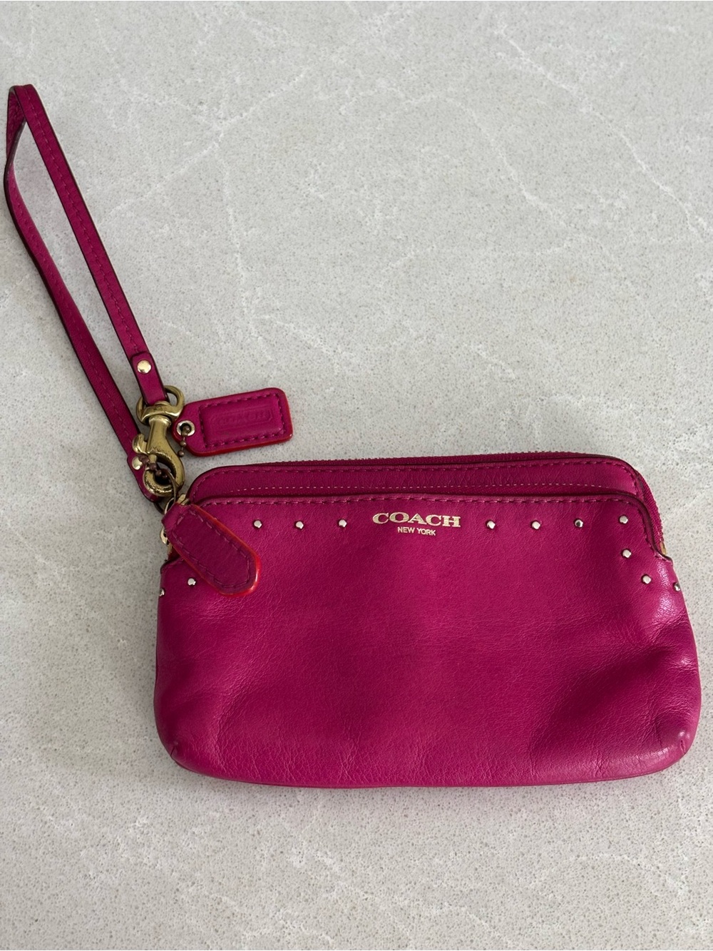 COACH Madison Fuchsia Pink Studded Leather Small Wristlet Clutch Wallet Luxury